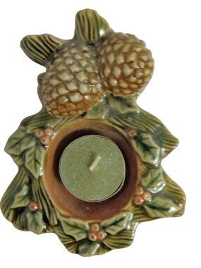 Ceramic Holly Pine Cone Candle Holder Christmas Tree shaped Vintage Tealight